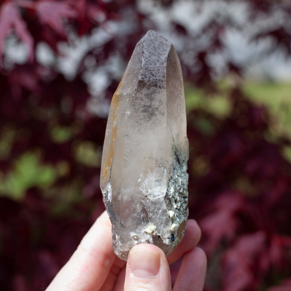 Raw Smoky Quartz Phantom Point with Tourmaline from Namibia