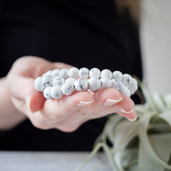 White Howlite Bead Bracelet, 8mm