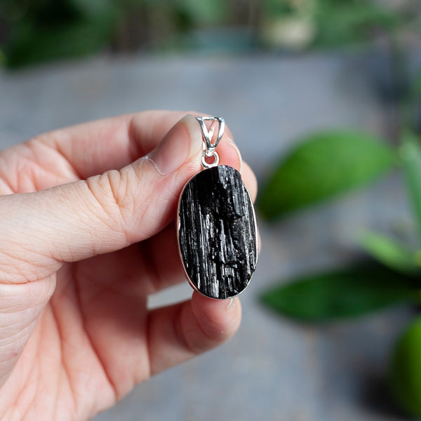 Raw Black Tourmaline Pendant, Sterling Silver