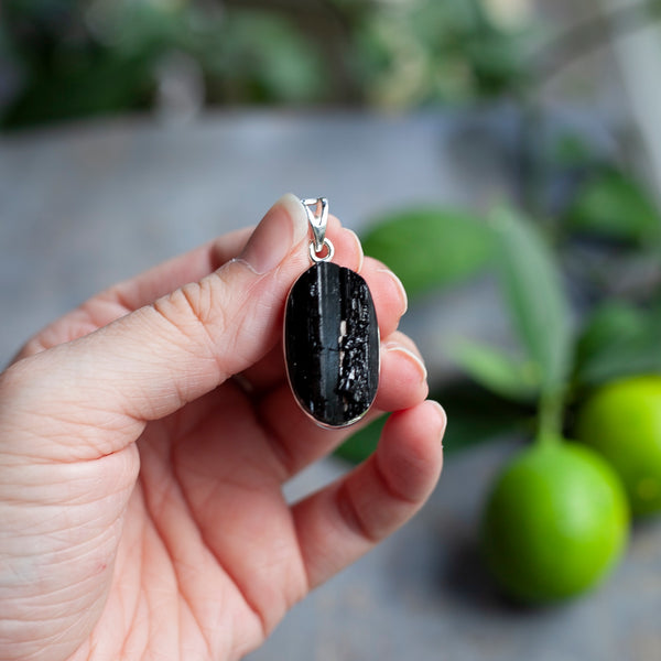 Raw Black Tourmaline Pendant, Sterling Silver