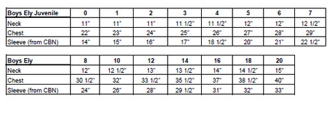 Ely Kid's Size Chart