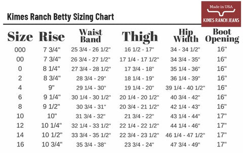 Kimes Ranch Ladies Betty Sizing Guide