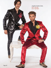 Prom suits 2019 red suit and shiny black suit on models