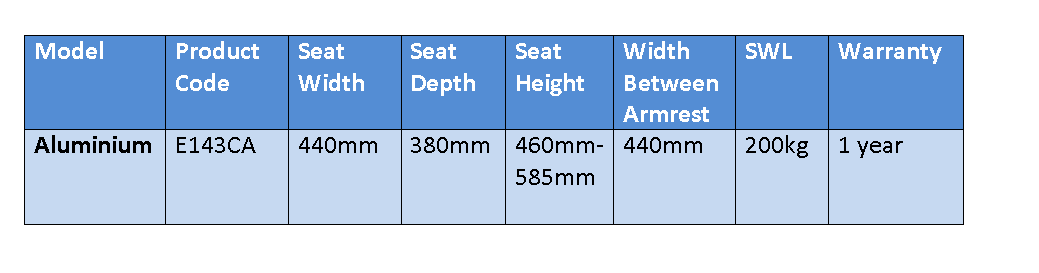 E143CA Aluminium Shower Chair Specifications