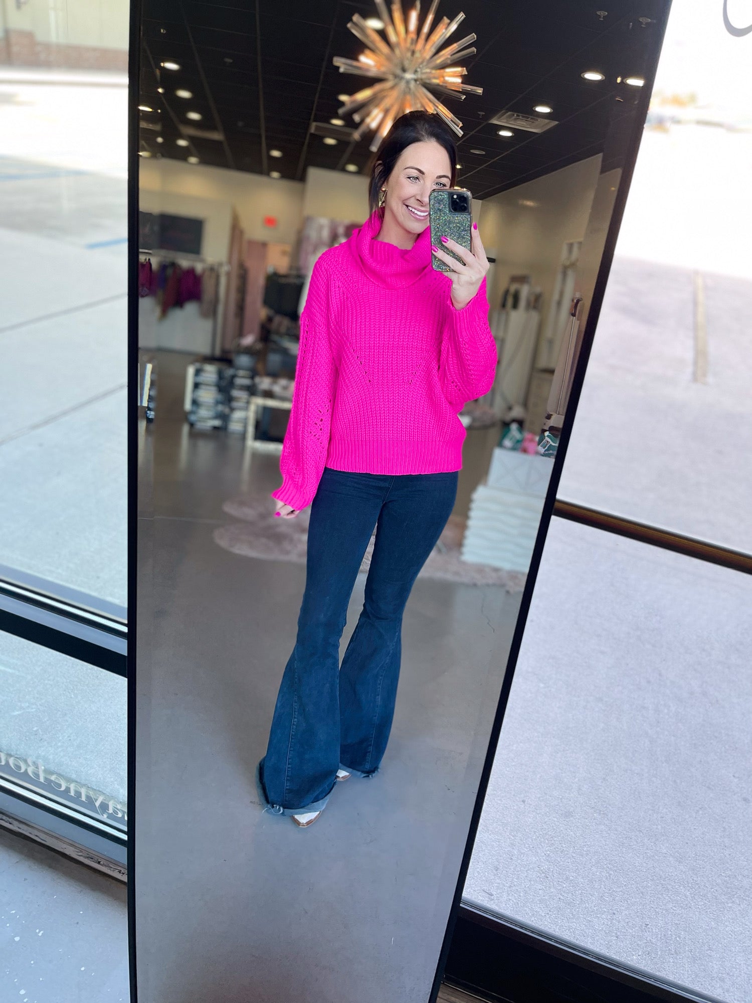 Hot Flamingo Back Cross Turtle Neck Sweater