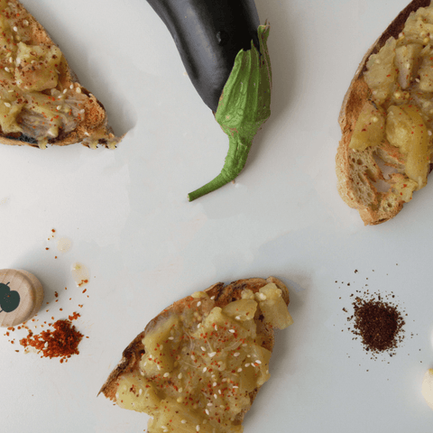 Sourdough topping with roasted eggplant, sumac and coarse red pepper