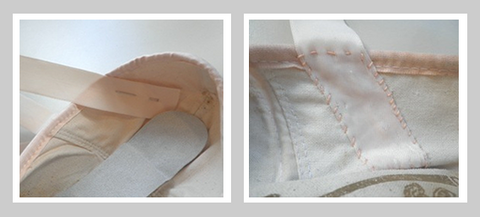 Sewing ribbon on pointe shoe