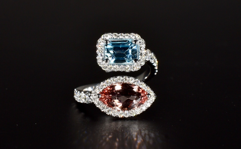 white gold bypass ring with diamonds, aquamarine, pink sapphire