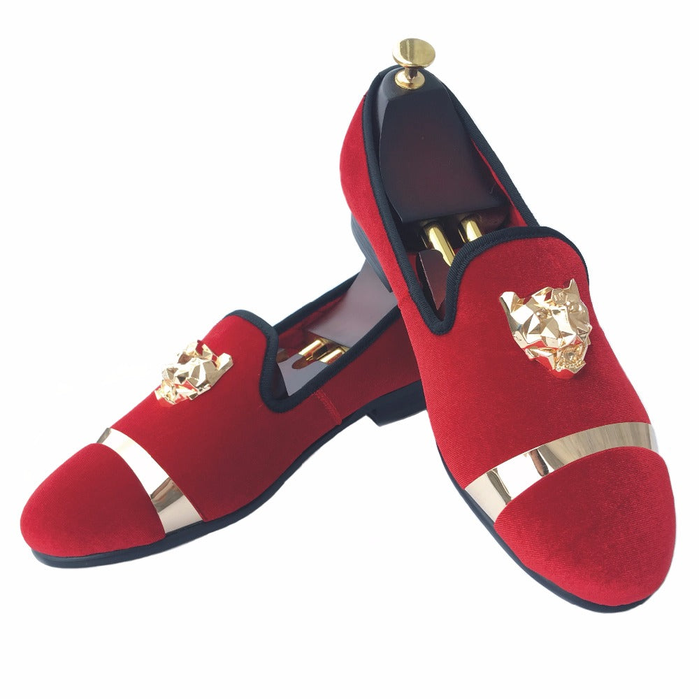 red and gold loafers