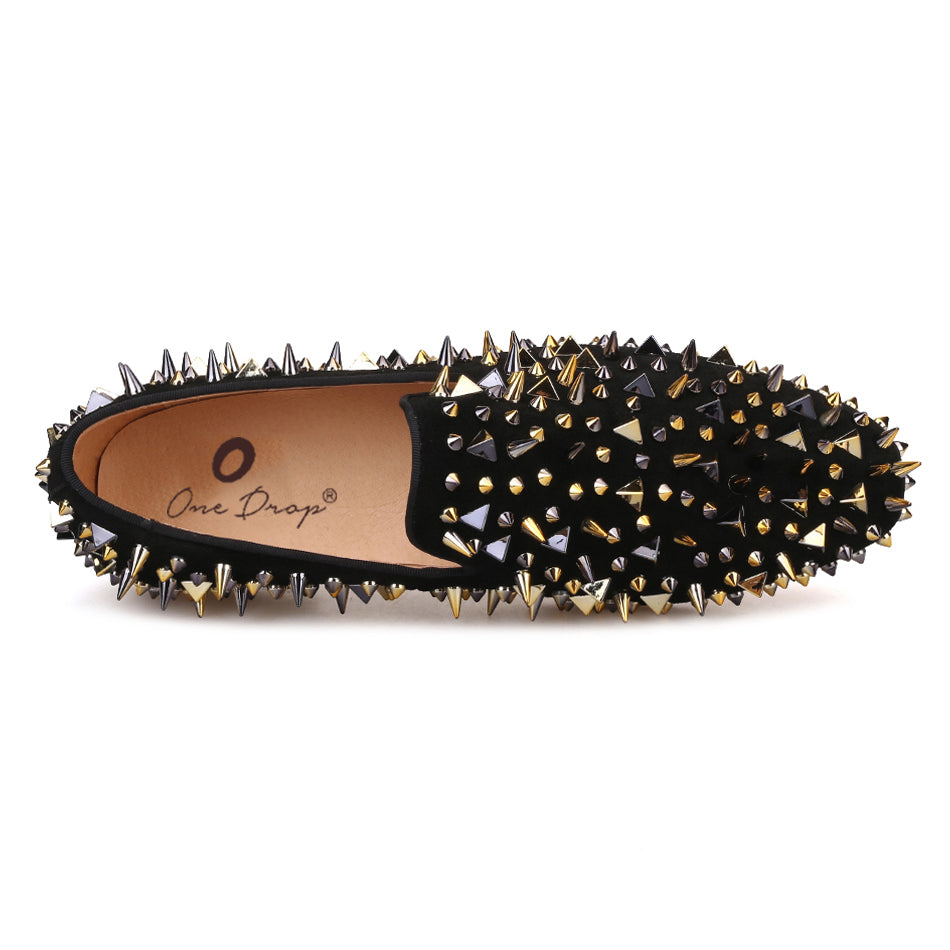 black and gold loafers with spikes