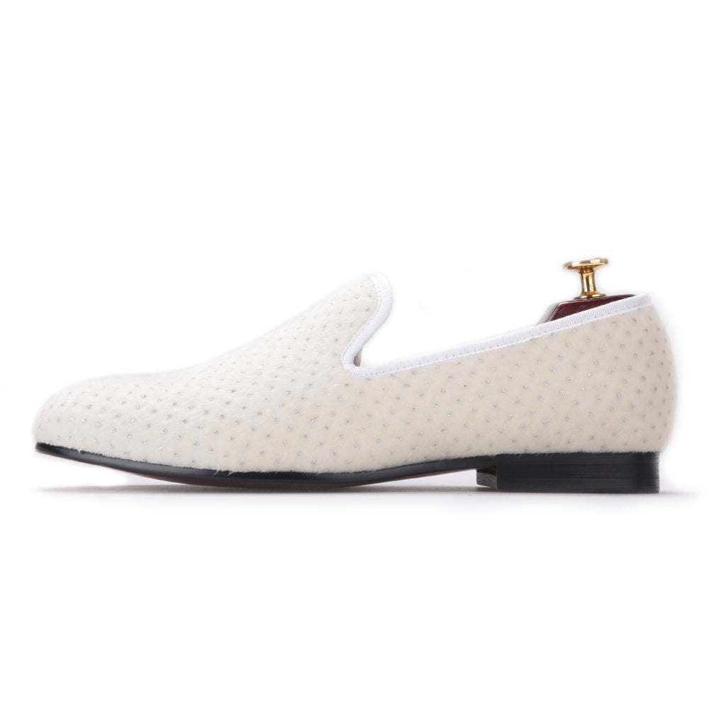 white velvet loafers