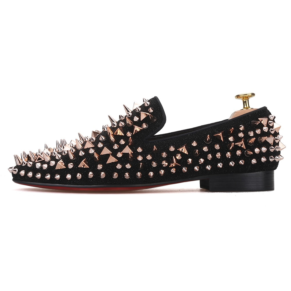 black and gold spiked loafers