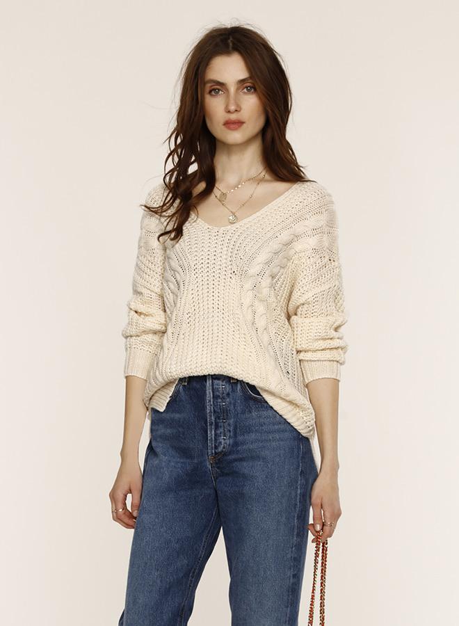 The Evon sweater paired with jeans and flats or sneakers can be a casual state to during the transition from winter to spring