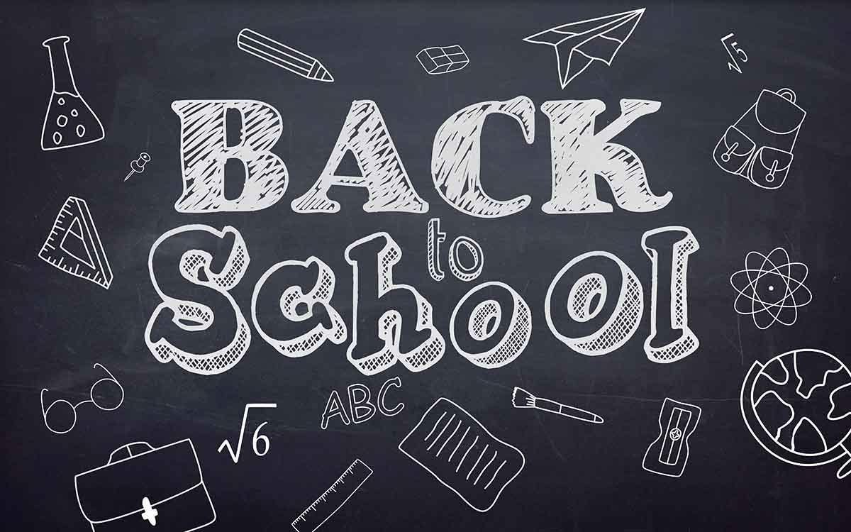 School Stationary Icons And Back To School Draw On Blackboard Photo Shopbackdrop