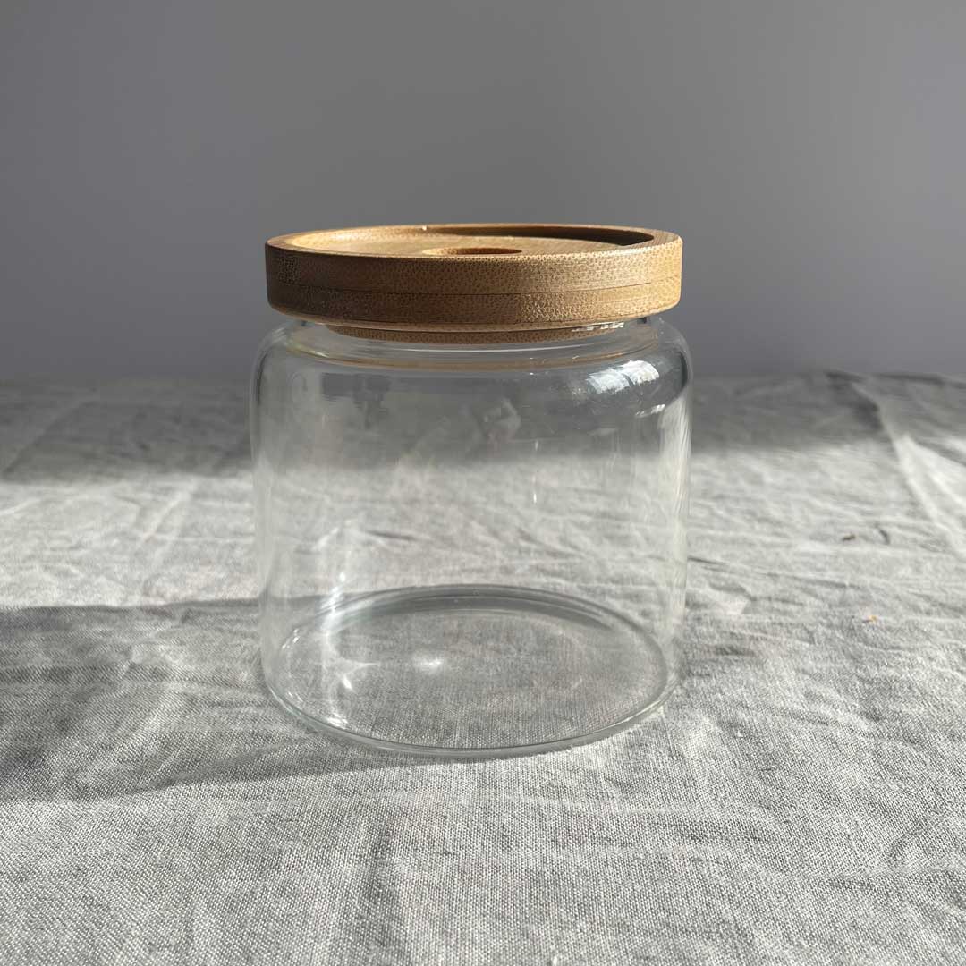 Glass storage jar with bamboo lid, 10 cm holds 500ml - Beauty Kubes