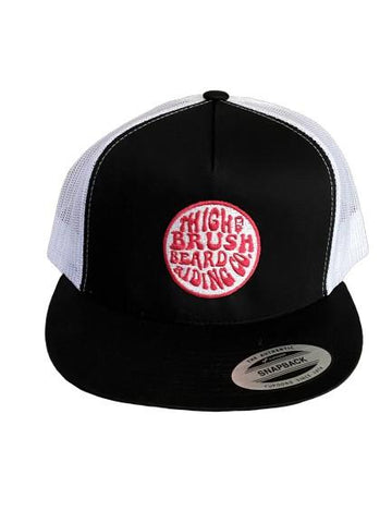 THIGHBRUSH® BEARD RIDING COMPANY - TRUCKER SNAPBACK HAT - BLACK AND WHITE - FLAT BILL - PINK LOGO