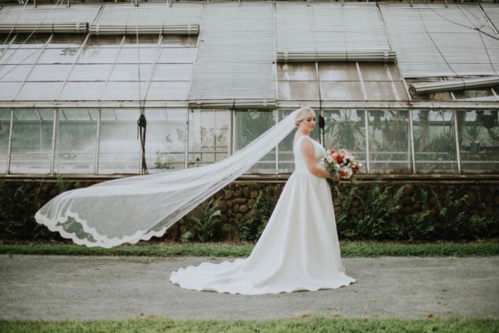 A line wedding dress with long cathedral wedding veil