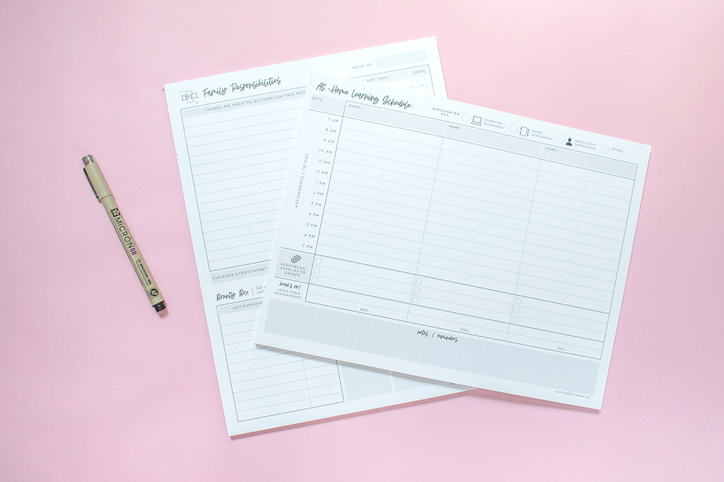 at-home learning schedule, chore chart, family responsibilities chart