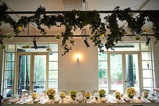 Wedding flowers table setting and hanging installation 