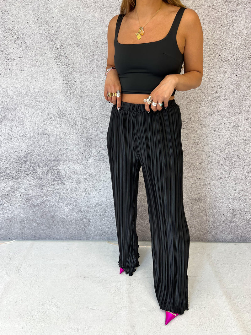 Plisse Pleat Satin Style Trousers In Black