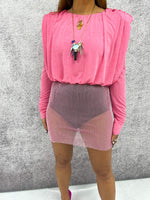 Rhinestone Mesh Mini Skirt In Baby Pink Sparkle