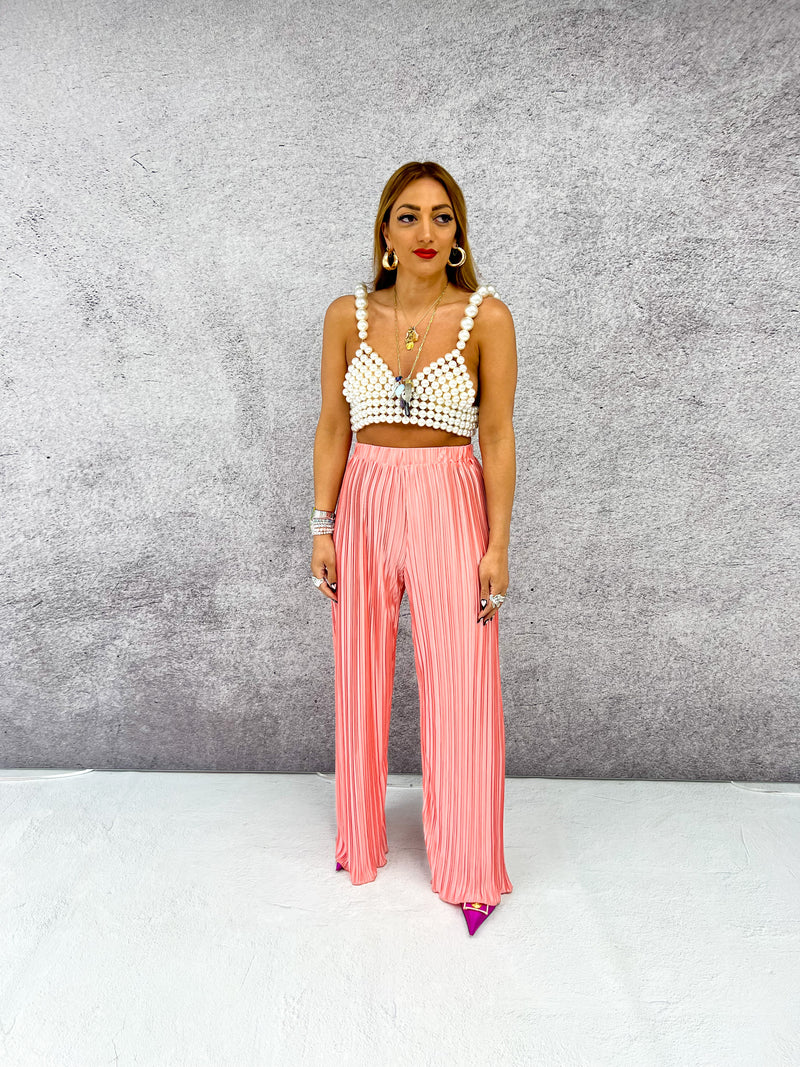 Plisse Pleat Satin Style Trousers In Coral