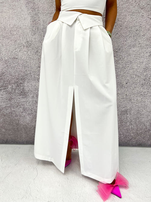 Fold Over Waist Tailored Skirt In White