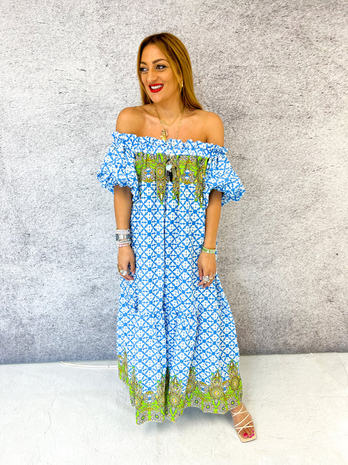 The Santorini Midi Swing Dress In Blue Tile Print