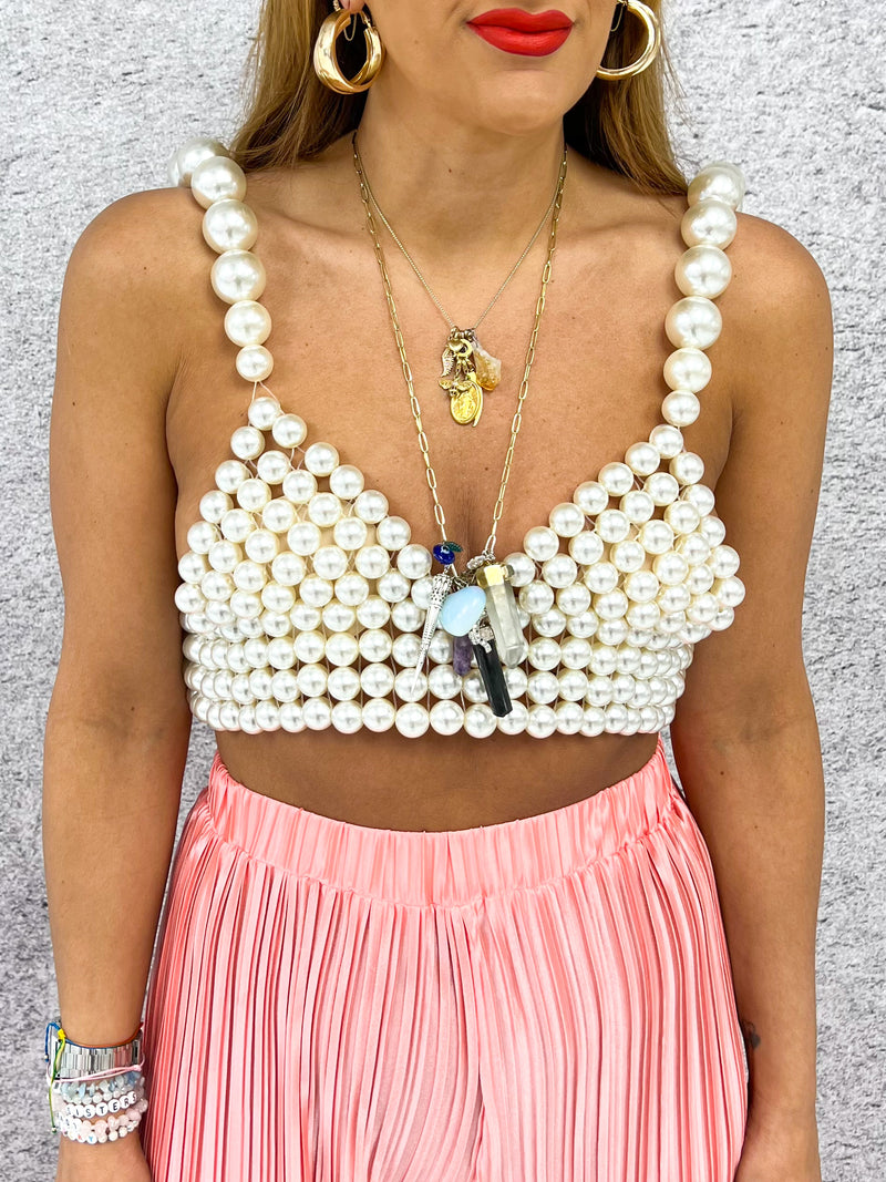 Premium Pearl Bralette Top In Cream