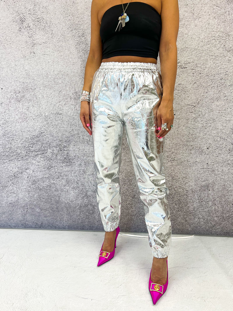 Jogger Style Trousers In Silver Metallic