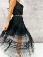 Tulle Tiered Ruffle Midi Skirt In Black