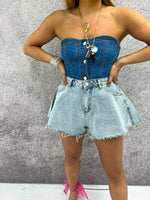 Extreme Flared Shorts In Blue Wash Denim