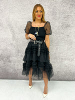 Tulle Tiered Ruffle Midi Skirt In Black