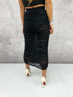 High Waisted Sheer Mesh Ruched Midi Skirt In Black