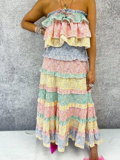 Ditsy Floral Rainbow Stripe Ruffle Midi Skirt