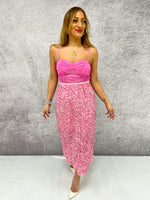 High Waisted Sequin Midi Skirt In Candy Pink