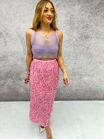 High Waisted Sequin Midi Skirt In Candy Pink