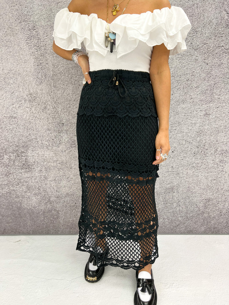 Crochet Knit Midi Skirt In Black With Drawstring Waist