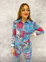 Button Up Front Shirt In Lilac Paisley Patchwork Print