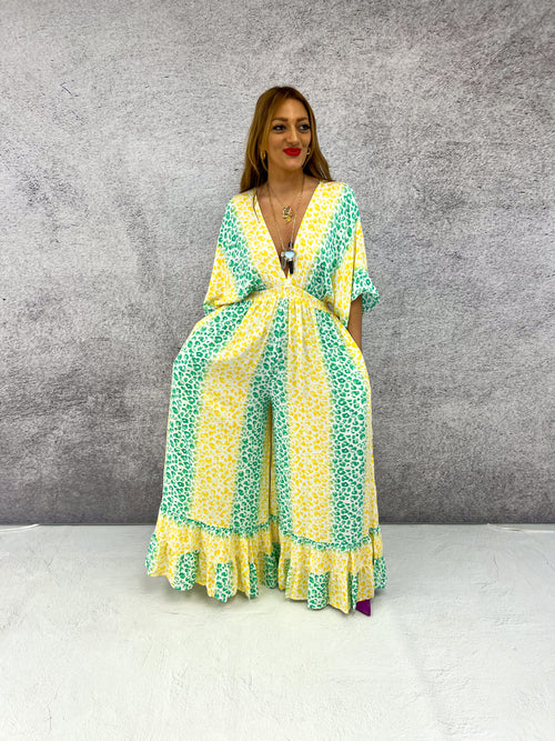 The Valentina Jumpsuit In Yellow/Green Leopard Print