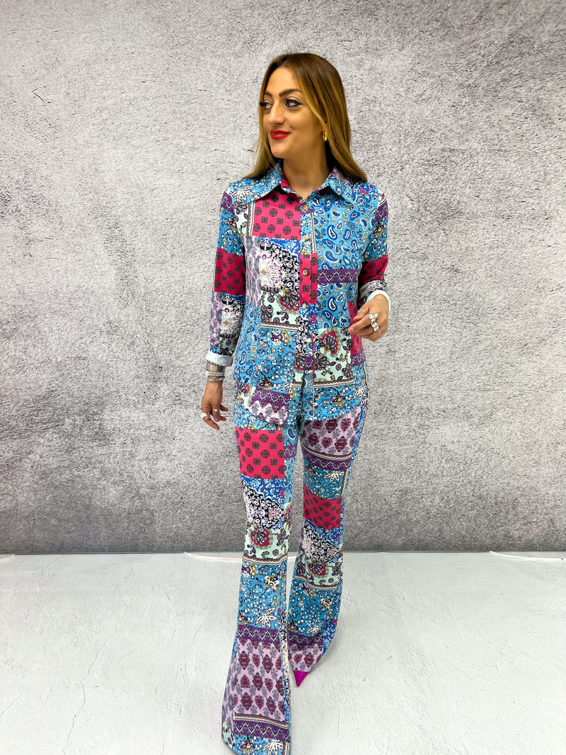 Button Up Front Shirt In Lilac Paisley Patchwork Print