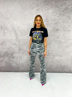 High Waisted Flared Trousers In Grey Tiger Print