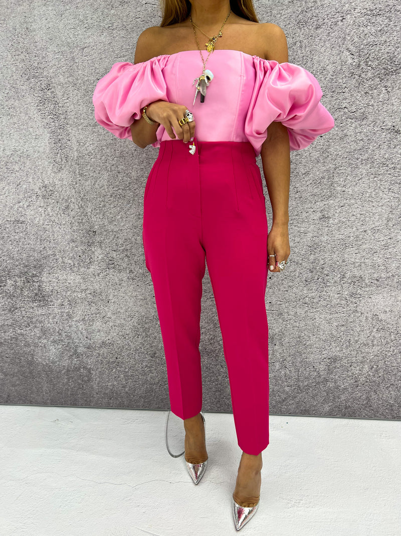 'Fortuna' Puff Sleeve Corset Top In Pink Candy