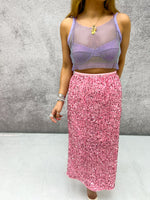 High Waisted Sequin Midi Skirt In Candy Pink