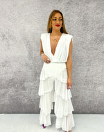 High Waisted Tiered Ruffle Trousers In White