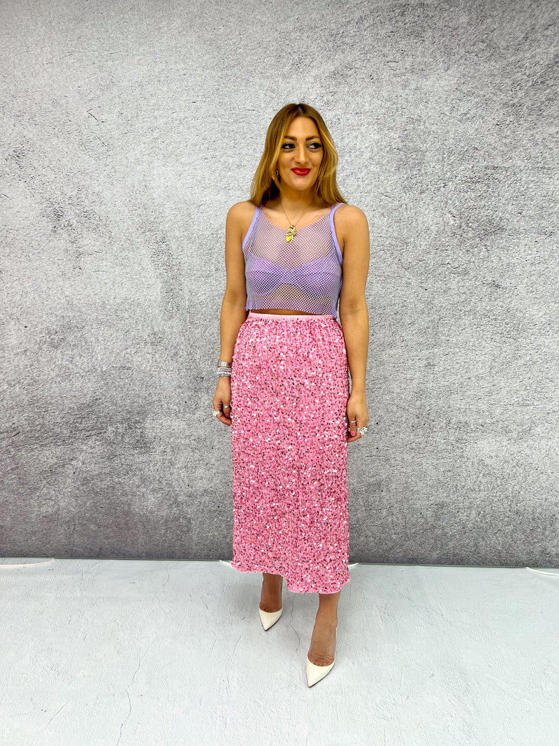 High Waisted Sequin Midi Skirt In Candy Pink