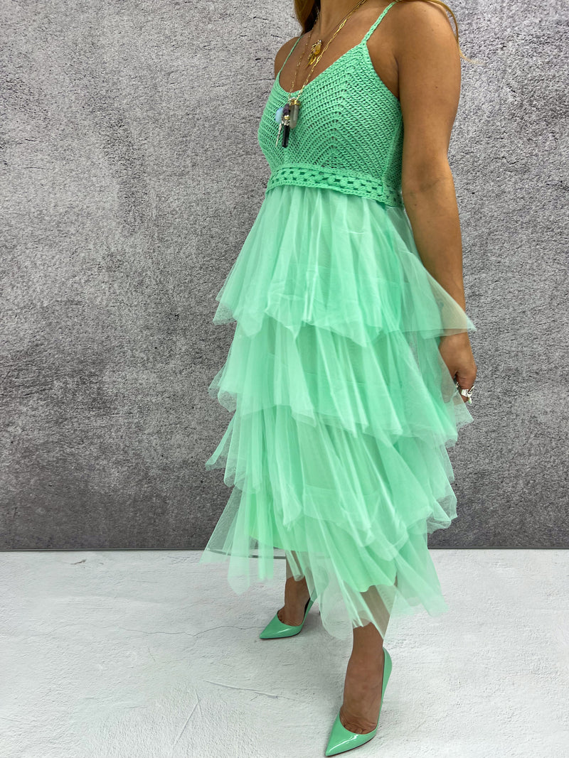 Crochet Top Ruffle Tulle Midi Dress In Mint