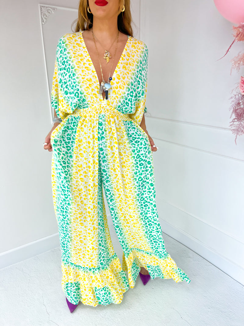 The Valentina Jumpsuit In Yellow/Green Leopard Print