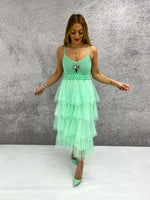 Crochet Top Ruffle Tulle Midi Dress In Mint