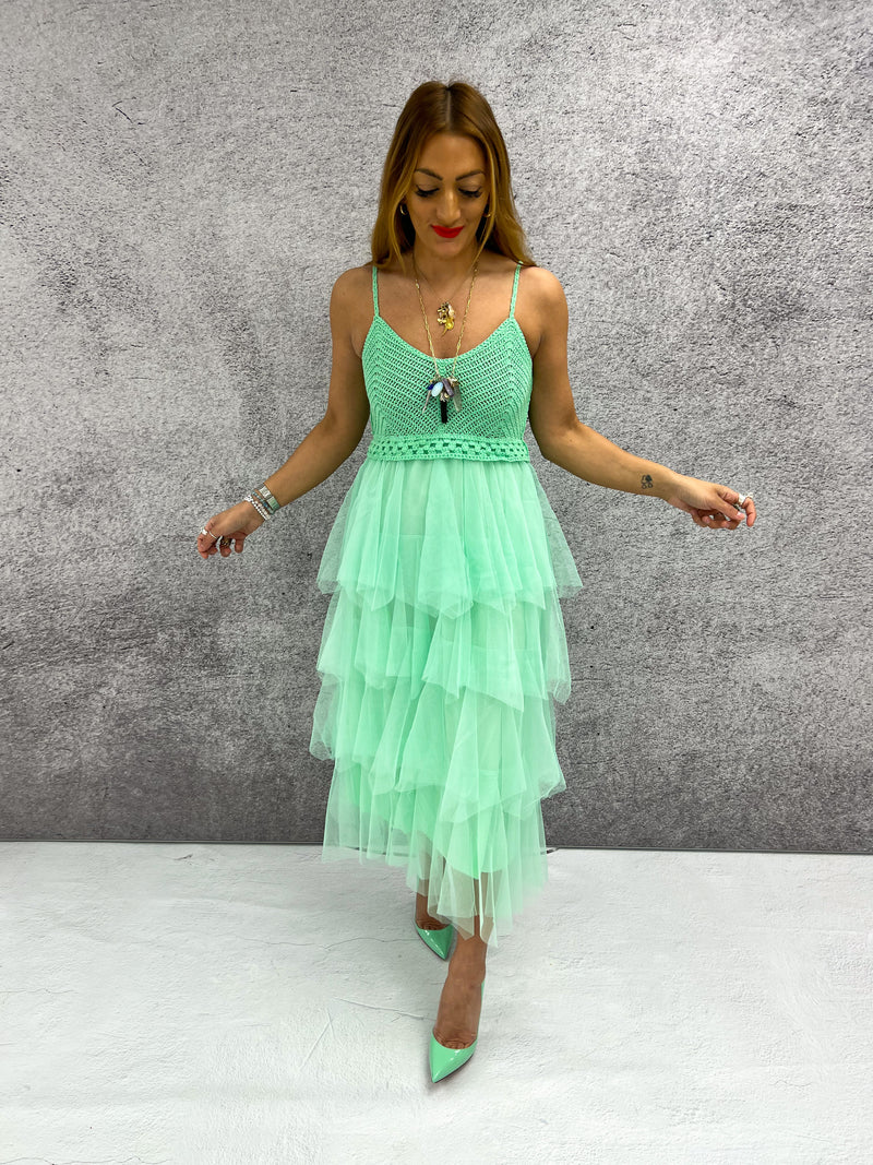 Crochet Top Ruffle Tulle Midi Dress In Mint